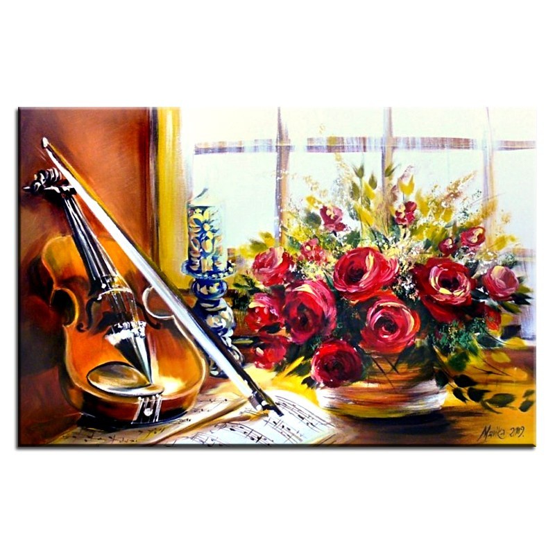  Obraz olejny ręcznie malowany 60x90cm Bukiet i skrzypce