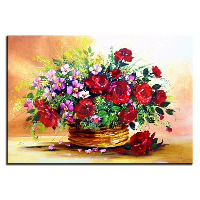  Obraz olejny ręcznie malowany 60x90cm Bukiet w okrągłym koszyku