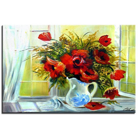  Obraz olejny ręcznie malowany 60x90cm Szklany dzbanek na parapecie