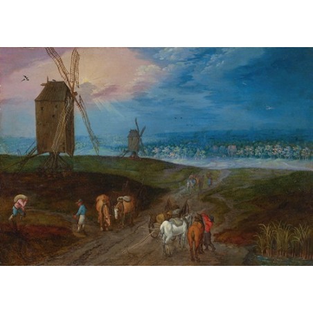  Obraz na płótnie 50x35cm Jan Brueghel the Younger Rozległy krajobraz z podróżnymi przed wiatrakiem