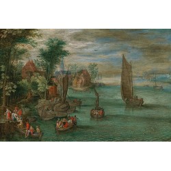  Obraz na płótnie 50x35cm Jan Brueghel the Younger Pejzaż rzeczny z promami i żaglówkami