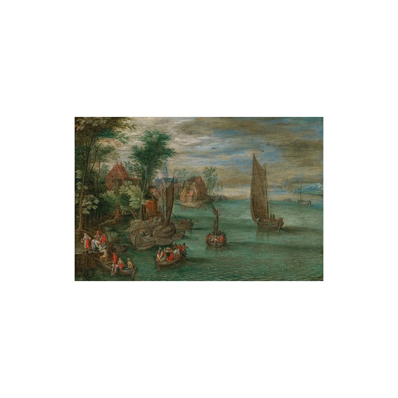 Obraz na płótnie 50x35cm Jan Brueghel the Younger Pejzaż rzeczny z promami i żaglówkami