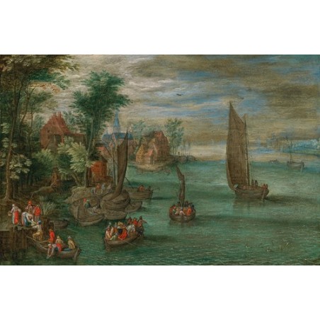  Obraz na płótnie 50x35cm Jan Brueghel the Younger Pejzaż rzeczny z promami i żaglówkami