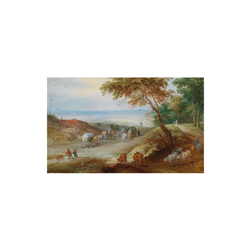  Obraz na płótnie 50x30cm Jan Brueghel the Younger Rozległy pagórkowaty krajobraz z podróżnymi na drodze