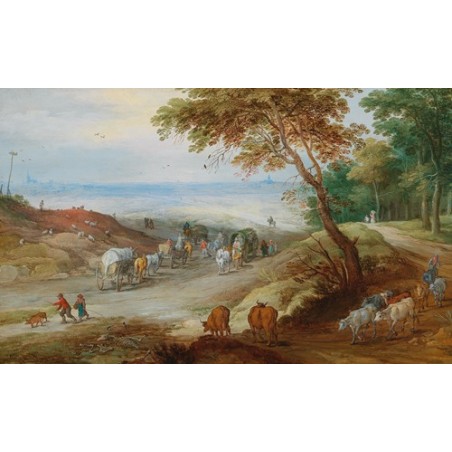  Obraz na płótnie 50x30cm Jan Brueghel the Younger Rozległy pagórkowaty krajobraz z podróżnymi na drodze