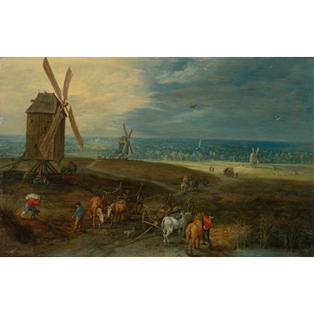  Obraz na płótnie 50x30cm Jan Brueghel the Younger Rozległy krajobraz z podróżnymi przed wiatrakiem