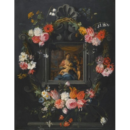  Obraz na płótnie 50x70cm Jan Brueghel the Younger Wieniec kwiatów otaczający Matkę Boską z Dzieciątkiem