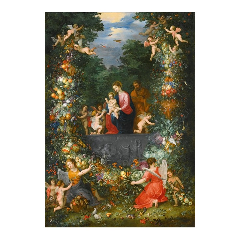  Obraz na płótnie 50x70cm Jan Brueghel the Younger Święta Rodzina w girlandzie owoców