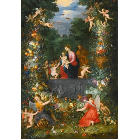  Obraz na płótnie 50x70cm Jan Brueghel the Younger Święta Rodzina w girlandzie owoców