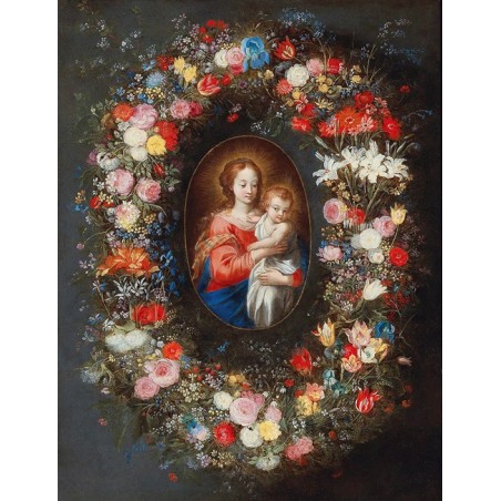  Obraz na płótnie 50x70cm Jan Brueghel the Younger Madonna z Dzieciątkiem otoczona kwiatową girlandą