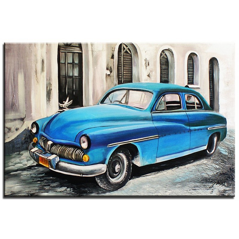  Obraz z autem niebieskim retro 60x90 obraz ręcznie malowany na płótnie