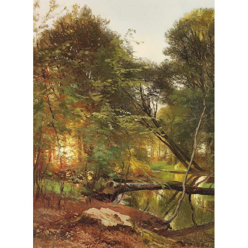  Obraz na płótnie 80x110cm Carl Frederik Aagaard Strumień w lesie o zachodzie słońca
