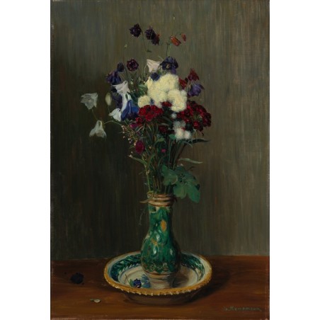  Obraz na płótnie 50x75cm Gustav Kampmann Orliki i goździki w zielonym wazonie