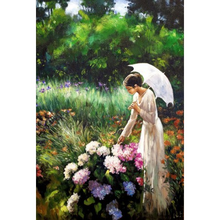  Obraz malowany Kobieta w białej sukni z parasole w ogrodzie 80x120cm