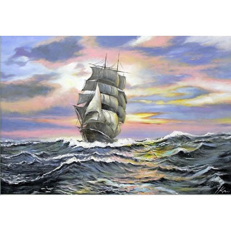  Obraz olejny ręcznie malowany statek na morzu 50x70cm