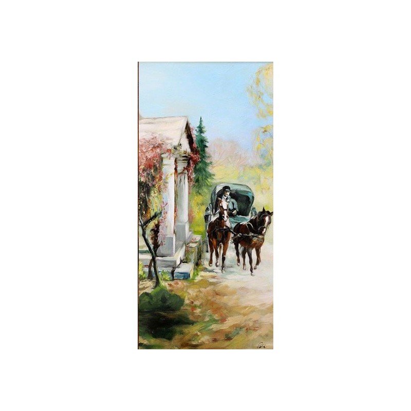  Obraz olejny ręcznie malowany 50x100cm Stanisław Kaczor Batowski Bryczka przed Dworkiem