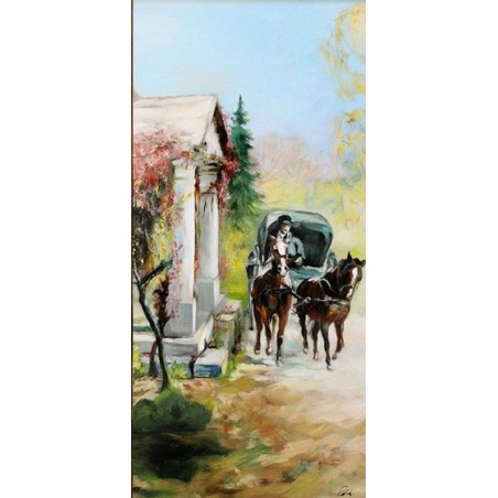  Obraz olejny ręcznie malowany 50x100cm Stanisław Kaczor Batowski Bryczka przed Dworkiem