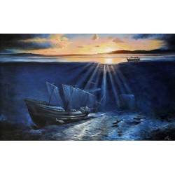  Obraz ręcznie malowany 80x120cm Statek na morzu o zachodzie słońca