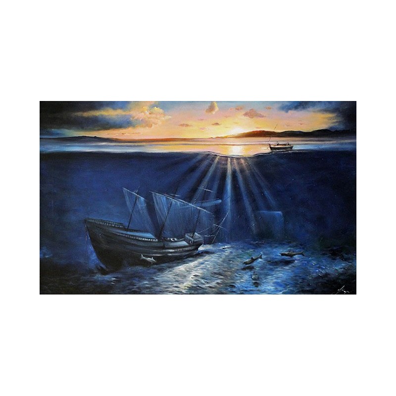  Obraz ręcznie malowany 80x120cm Statek na morzu o zachodzie słońca