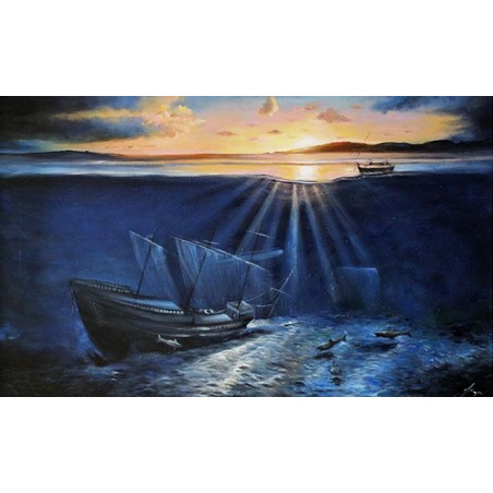 Obraz ręcznie malowany 80x120cm Statek na morzu o zachodzie słońca