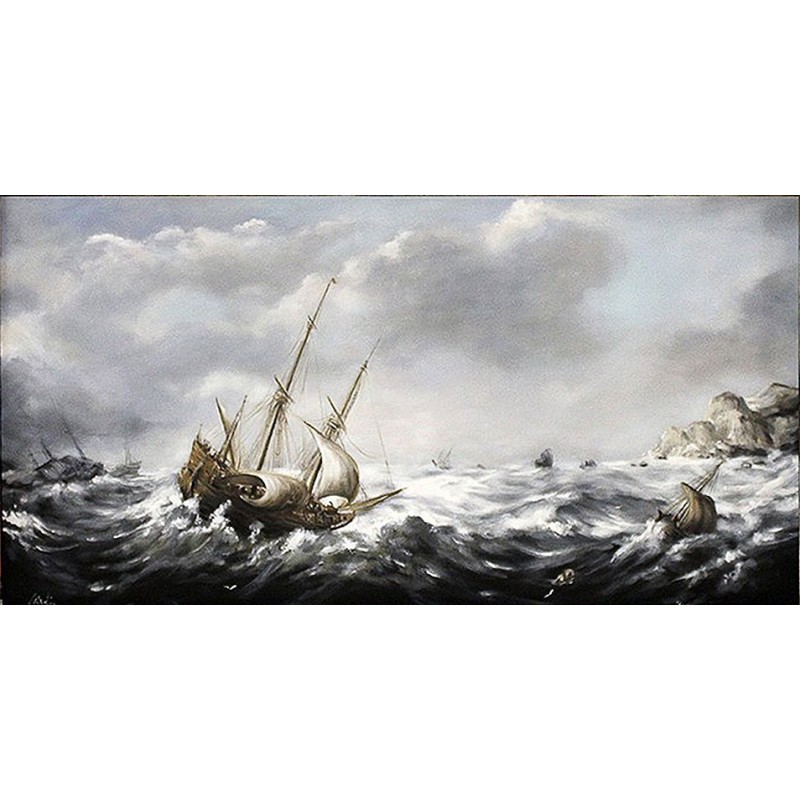 Obraz ręcznie malowany 80x160cm Jan Porcellis Sztorm przy skalistym wybrzeżu