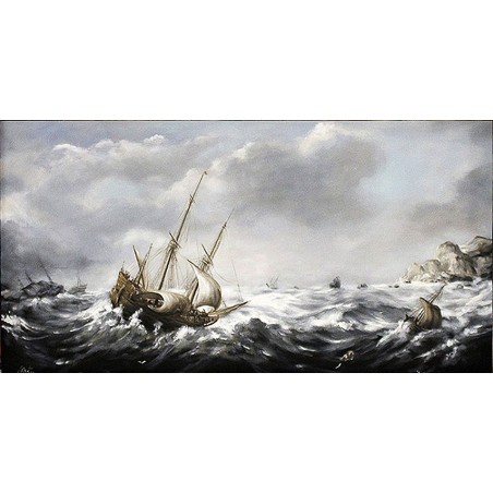 Obraz ręcznie malowany 80x160cm Jan Porcellis Sztorm przy skalistym wybrzeżu
