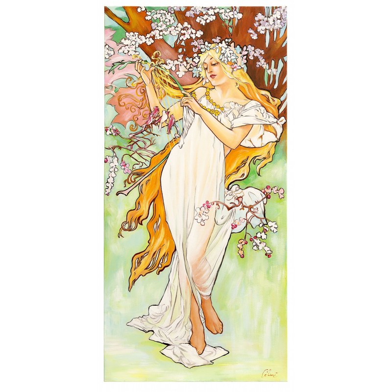  Obraz olejny ręcznie malowany Alfons Mucha Wiosna 45x90cm