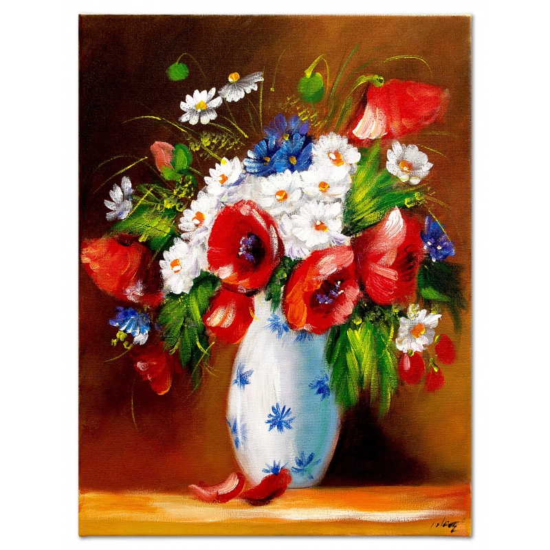 Obraz malowany Czerwone maki i stokrotki w wazonie 50x70cm