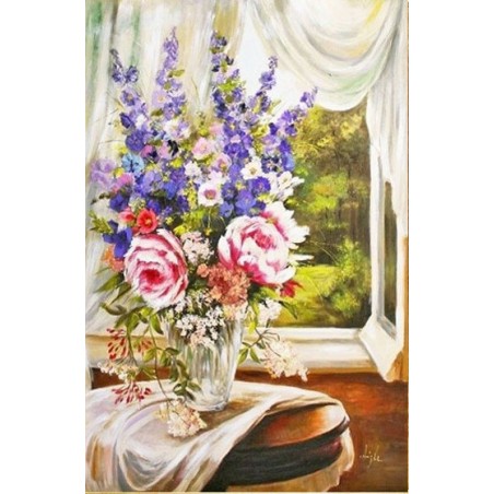  Obraz olejny ręcznie malowany 60x90cm Kwiaty przy oknie