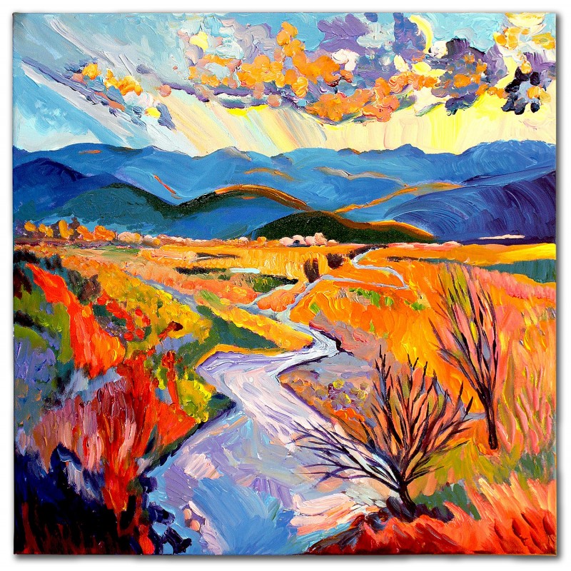  Obraz olejny ręcznie malowany 100x100cm kolorowy krajobraz