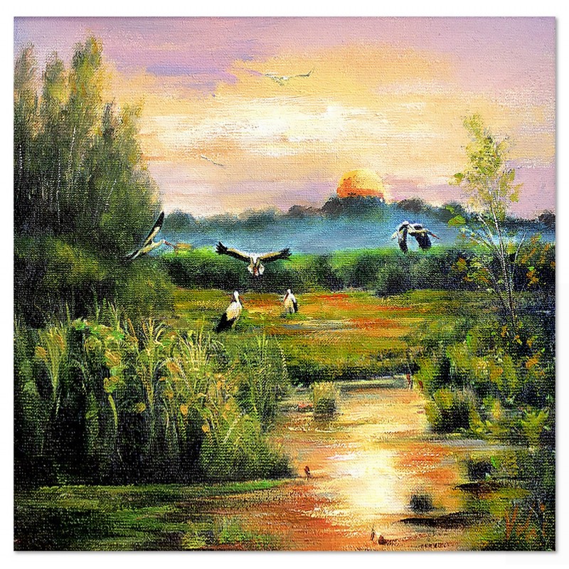 Obraz ręcznie malowany Bociany 90x90cm