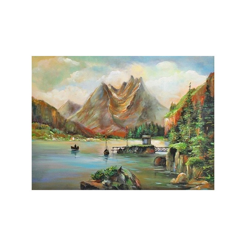  Obraz olejny ręcznie malowany 50x70cm Pejzaż górski z jeziorem