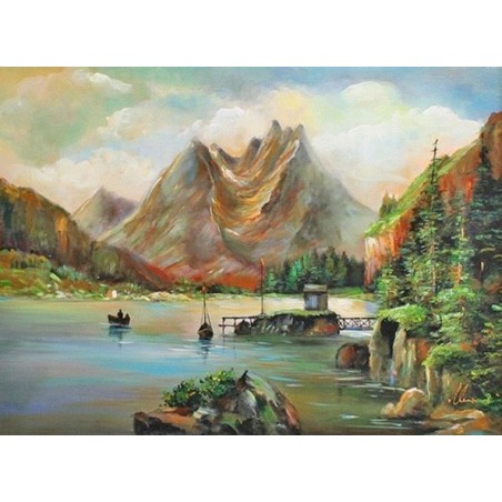  Obraz olejny ręcznie malowany 50x70cm Pejzaż górski z jeziorem