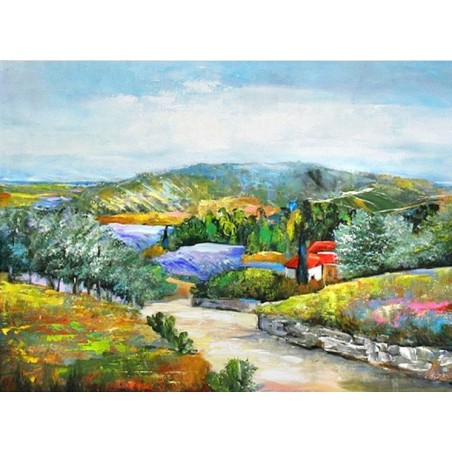  Obraz olejny ręcznie malowany 50x70cm Pejzaż z kwitnącymi łąkami