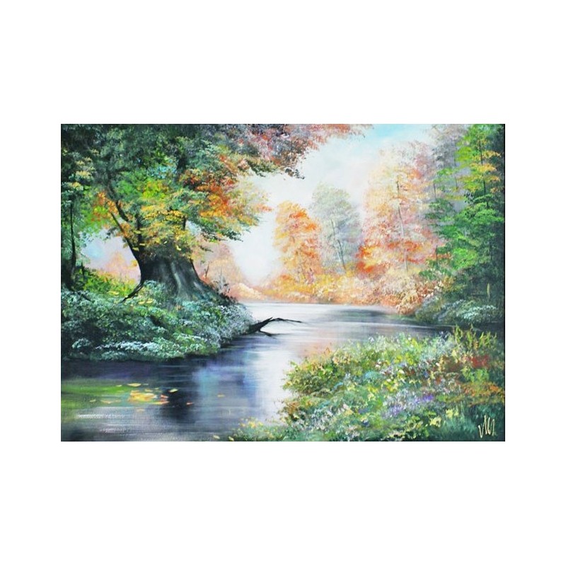  Obraz olejny ręcznie malowany 50x70cm Pejzaż z leśną rzeczką