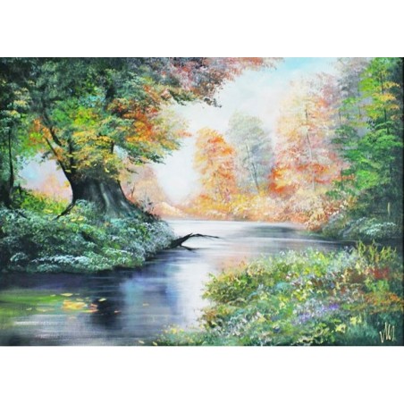  Obraz olejny ręcznie malowany 50x70cm Pejzaż z leśną rzeczką