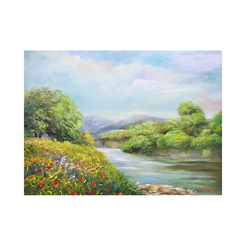  Obraz olejny ręcznie malowany 50x70cm Pejzaż z małą rzeczką