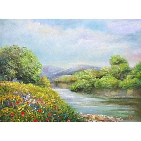  Obraz olejny ręcznie malowany 50x70cm Pejzaż z małą rzeczką