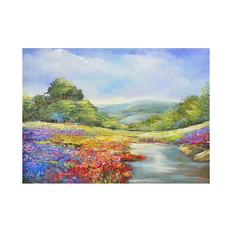  Obraz olejny ręcznie malowany 50x70cm Pejzaż z kwitnącą łąką