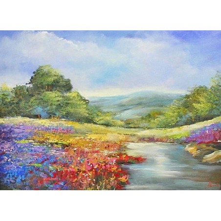  Obraz olejny ręcznie malowany 50x70cm Pejzaż z kwitnącą łąką
