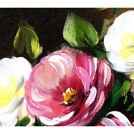  Obraz olejny ręcznie malowany 40x50cm Bukiet żółtych i pąsowych róż