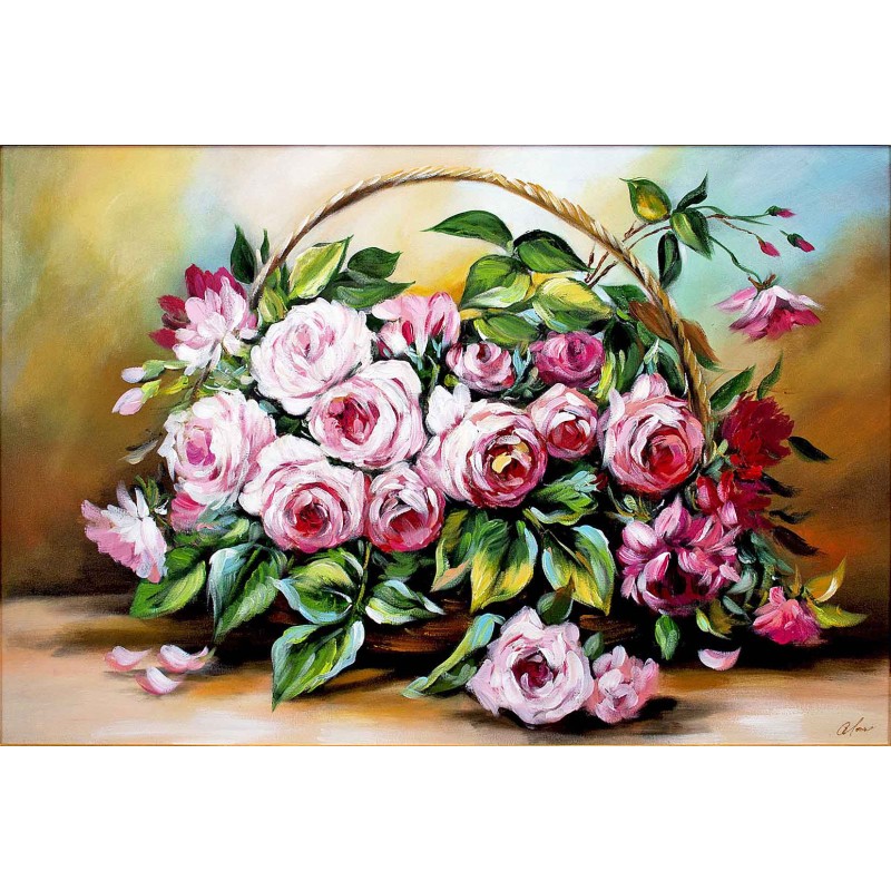  Obraz olejny ręcznie malowany 60x90cm Bukiet róż w koszyku