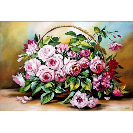  Obraz olejny ręcznie malowany 60x90cm Bukiet róż w koszyku