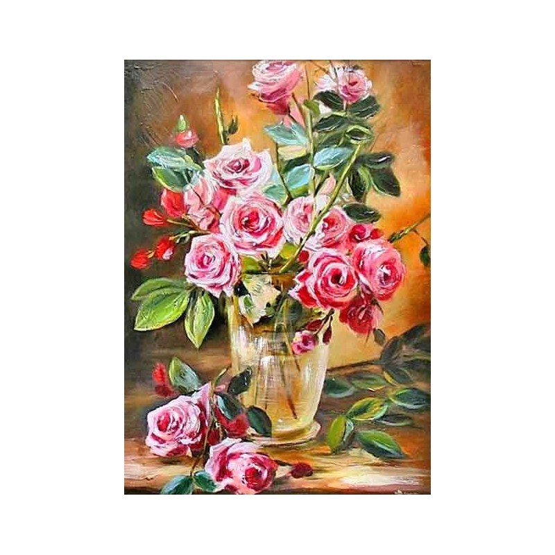  Obraz olejny ręcznie malowany 50x70cm Róże w szklanym wazonie