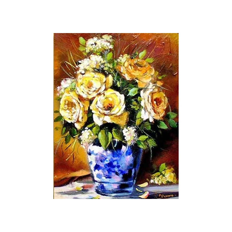  Obraz olejny ręcznie malowany 40x50cm Niebieski porcelanowy wazon z różami
