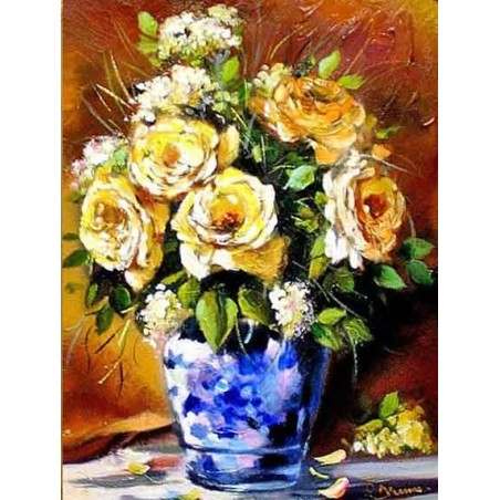  Obraz olejny ręcznie malowany 40x50cm Niebieski porcelanowy wazon z różami