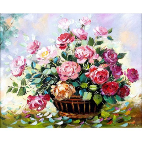  Obraz olejny ręcznie malowany 40x50cm Bukiet cudnych róż w wazonie
