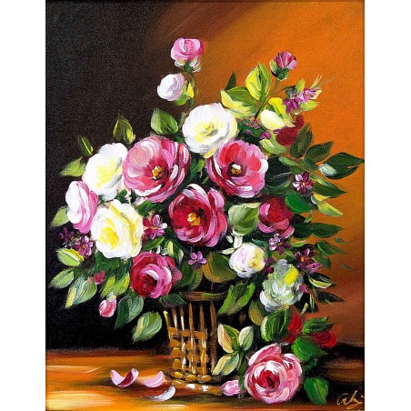  Obraz olejny ręcznie malowany 40x50cm Bukiet żółtych i pąsowych róż