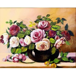  Obraz olejny ręcznie malowany 40x50cm Pąsowe róże w pękatym wazonie