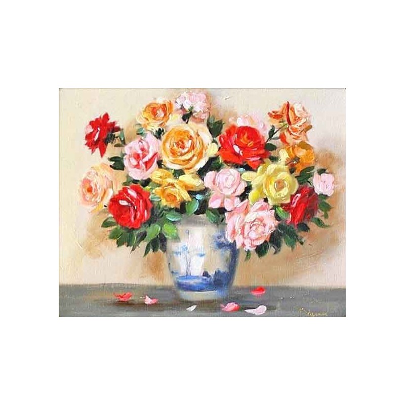  Obraz olejny ręcznie malowany 40x50cm Barwne róże w wazonie